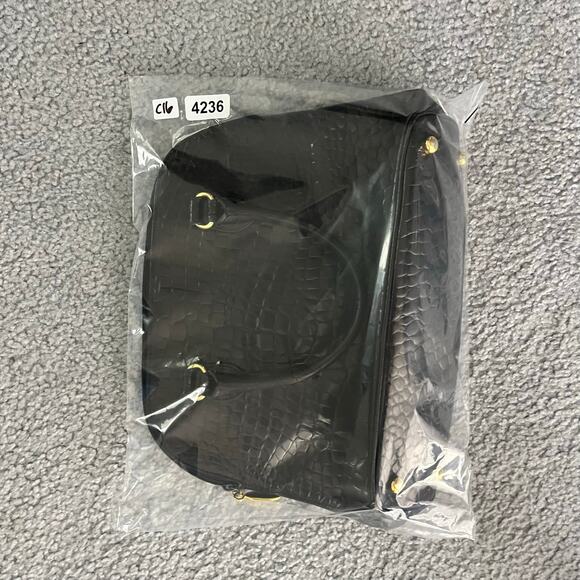 Talbots Handbag Womens Black Faux Crocodile Skin Gold Trim Old Money Classic - Picture 8 of 8